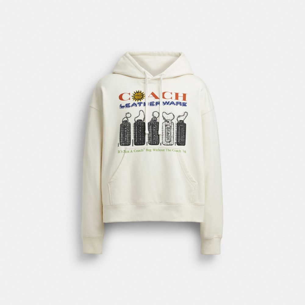 COACH®,Relaxed Collage Hoodie In Organic Cotton,Organic Cotton,Sweatshirt,Drawstring,Eco-Friendly,Casual,Cream,Front View