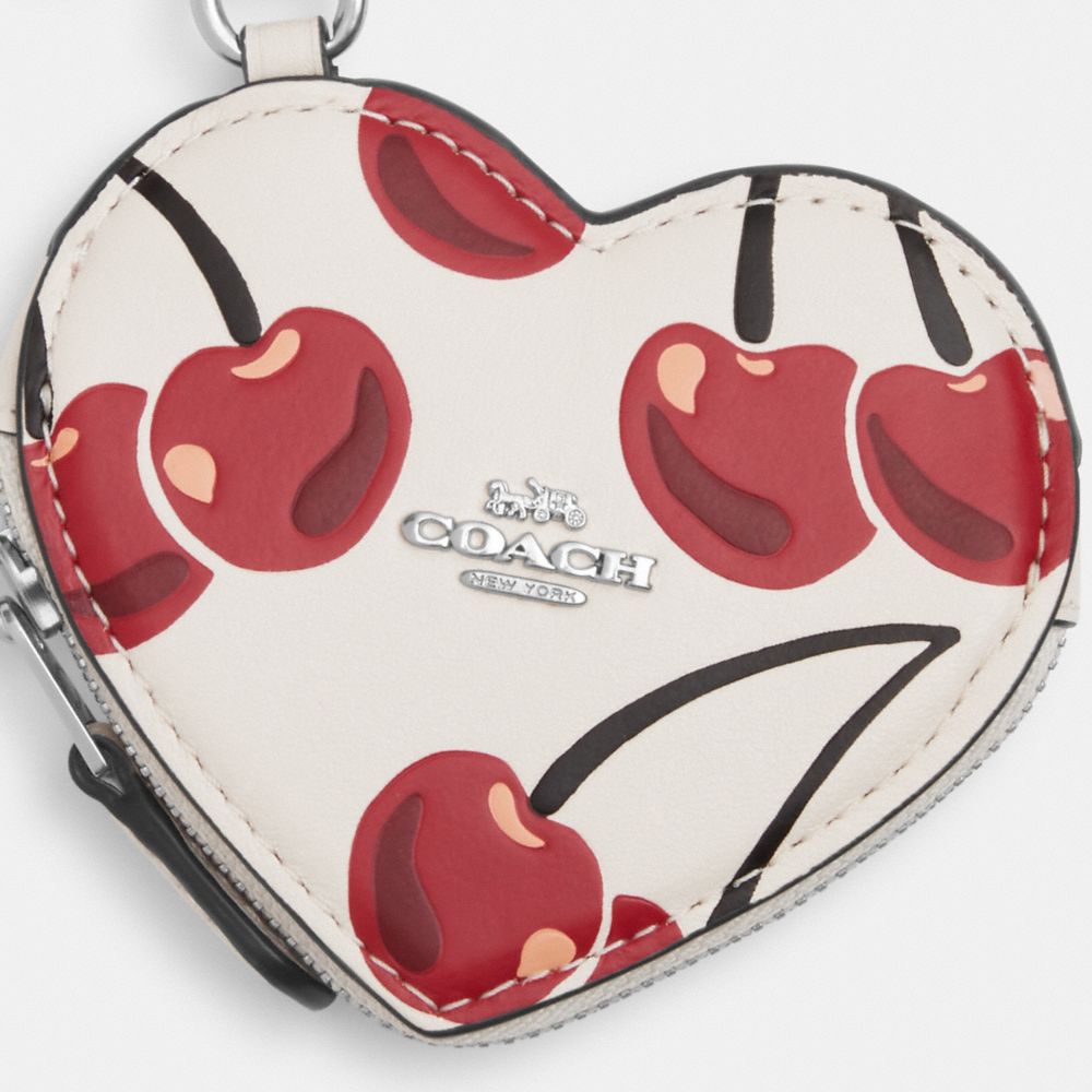 COACH®,Heart Coin Pouch Bag Charm With Cherry Print,Leather,Bag Charm,Metal,Logo,Key Ring,Casual,Red