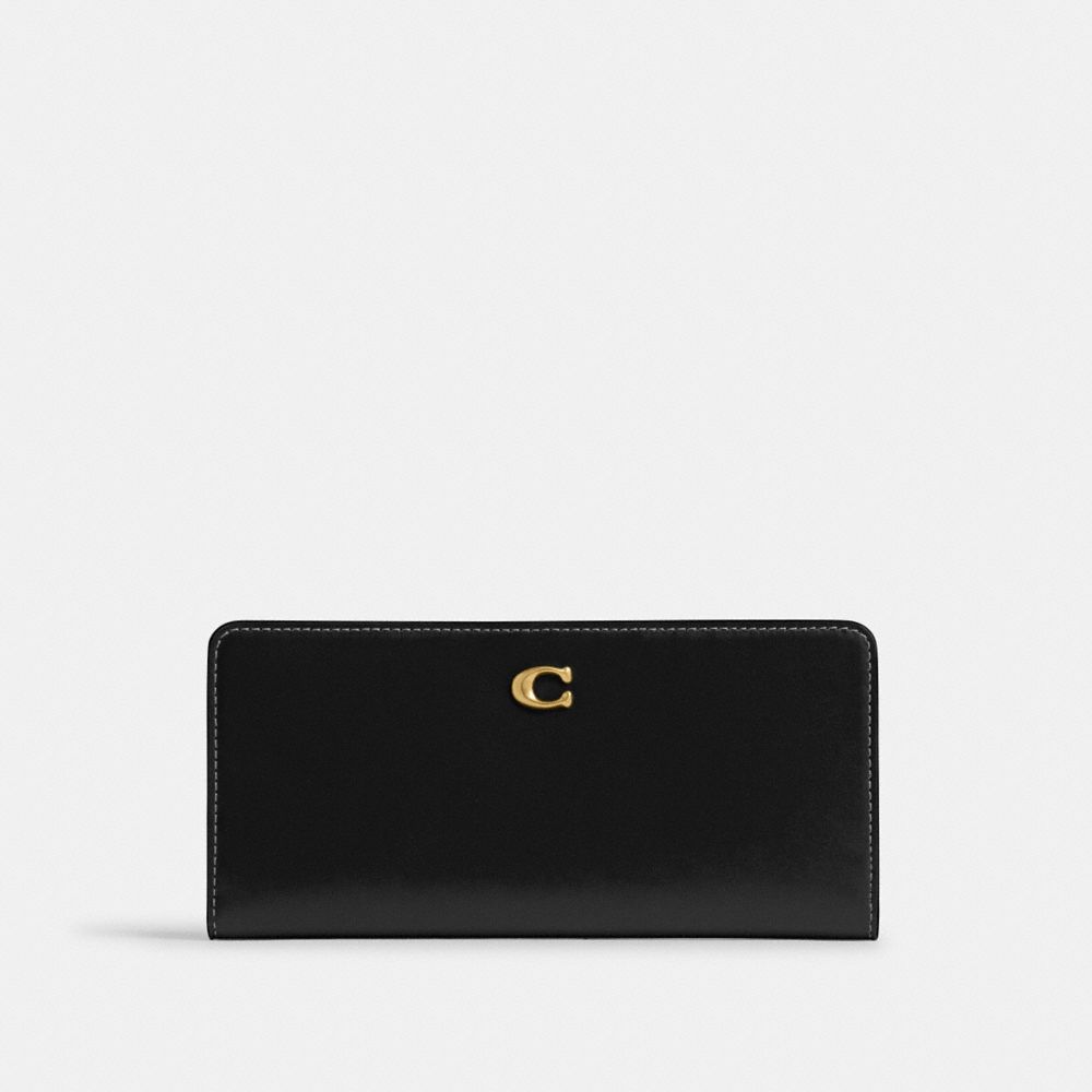 COACH®,Essential Slim Wallet,Calfskin Leather,Continental,Bi Fold,Metal,Logo,Casual,Black,Front View