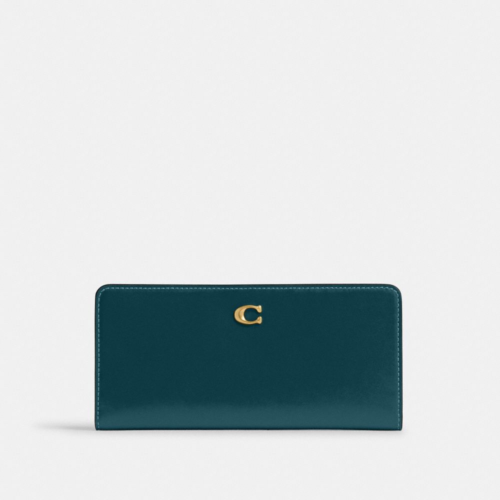 COACH®,Essential Slim Wallet,Calfskin Leather,Continental,Bi Fold,Metal,Logo,Casual,Teal,Front View