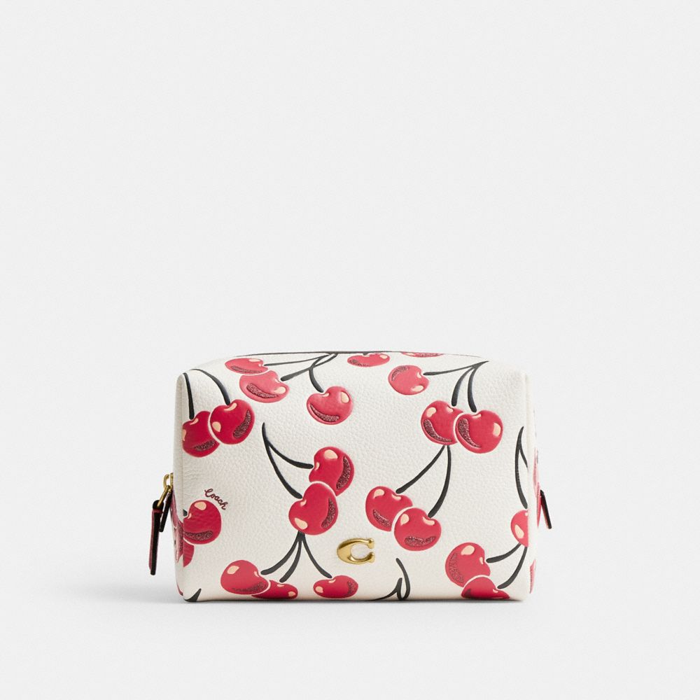 COACH®,Essential Cosmetic Pouch With Cherry Print,Leather,Makeup Bag,Logo,Metal,Glitter,Casual,White,Front View