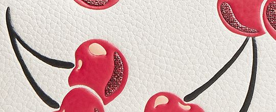 COACH®,Essential Cosmetic Pouch With Cherry Print,Leather,Makeup Bag,Logo,Metal,Glitter,Casual,White