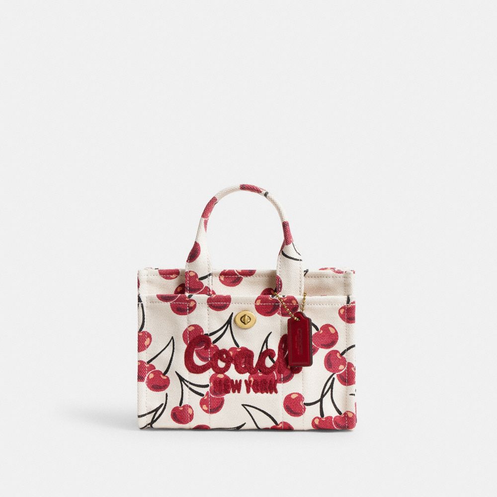 COACH®,Cargo Tote Bag 20 With Cherry Print,Cotton,Crossbody,Embroidered,Sustainable,Brass,Casual,Cream,Front View