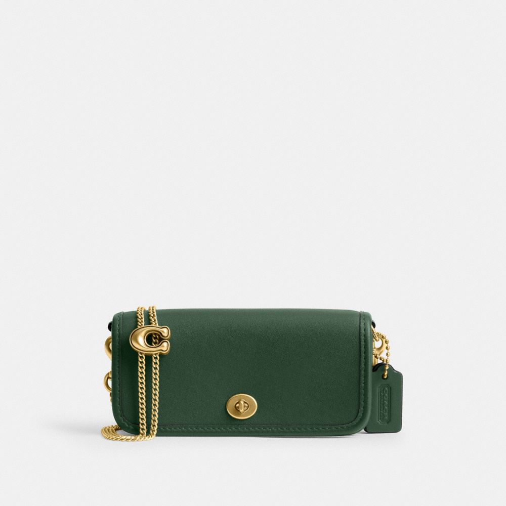 COACH®,Dinky Bag 14,Crossbody,Metal,Logo,Brass,Day Party,Emerald,Front View image number 0