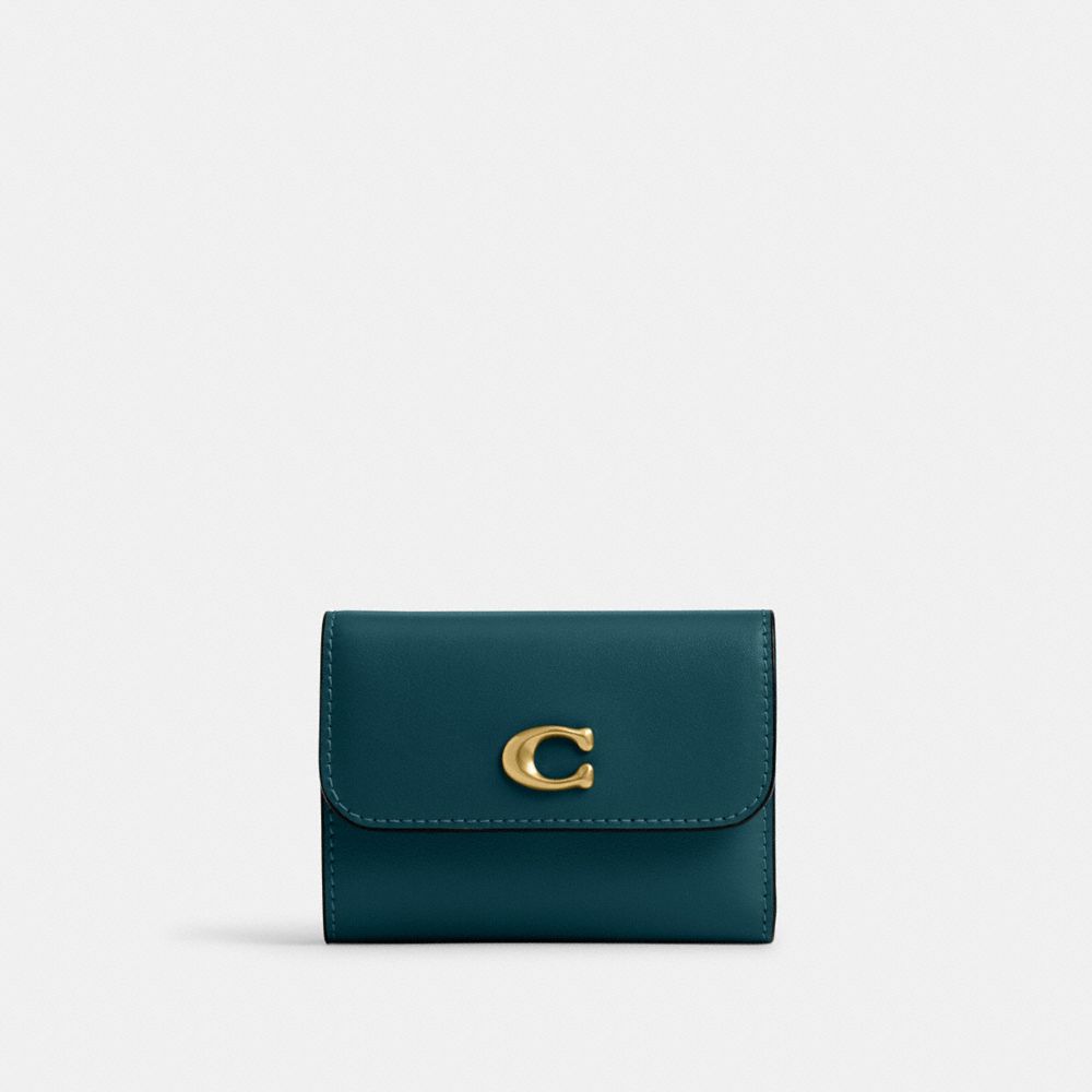 COACH®,Essential Card Holder Wallet,Calfskin Leather,Card Case,Logo,Metal,Casual,Teal,Front View