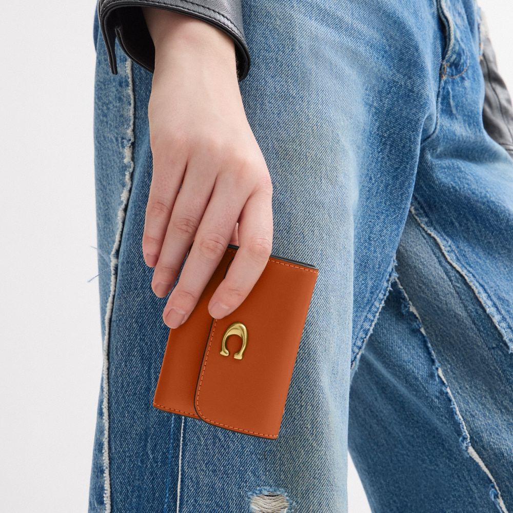 COACH®,Essential Card Holder Wallet,Leather,Calfskin Leather,Card Case,Bi Fold,Metal,Logo,Casual,Brown,Detail View