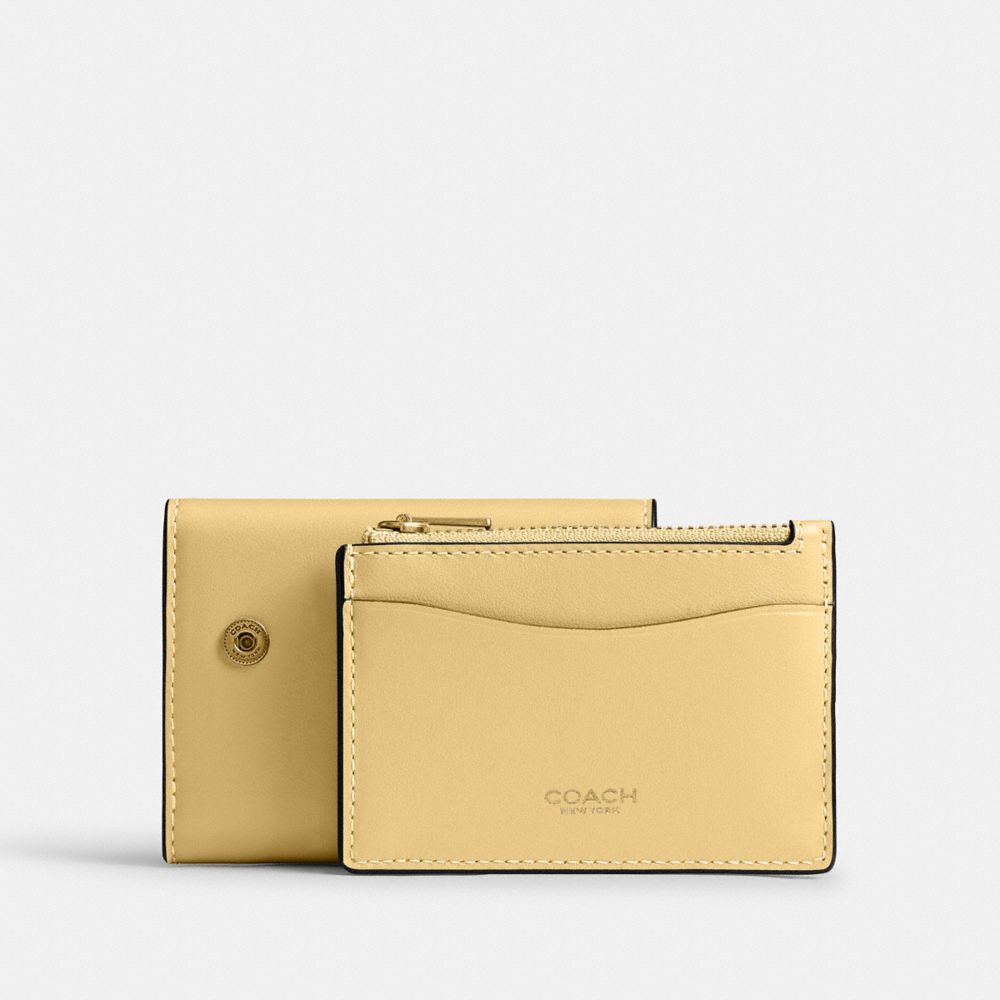 COACH®,Essential Card Holder Wallet,Calfskin Leather,Leather,Card Case,Bi Fold,Metal,Logo,Casual,Yellow,Angle View