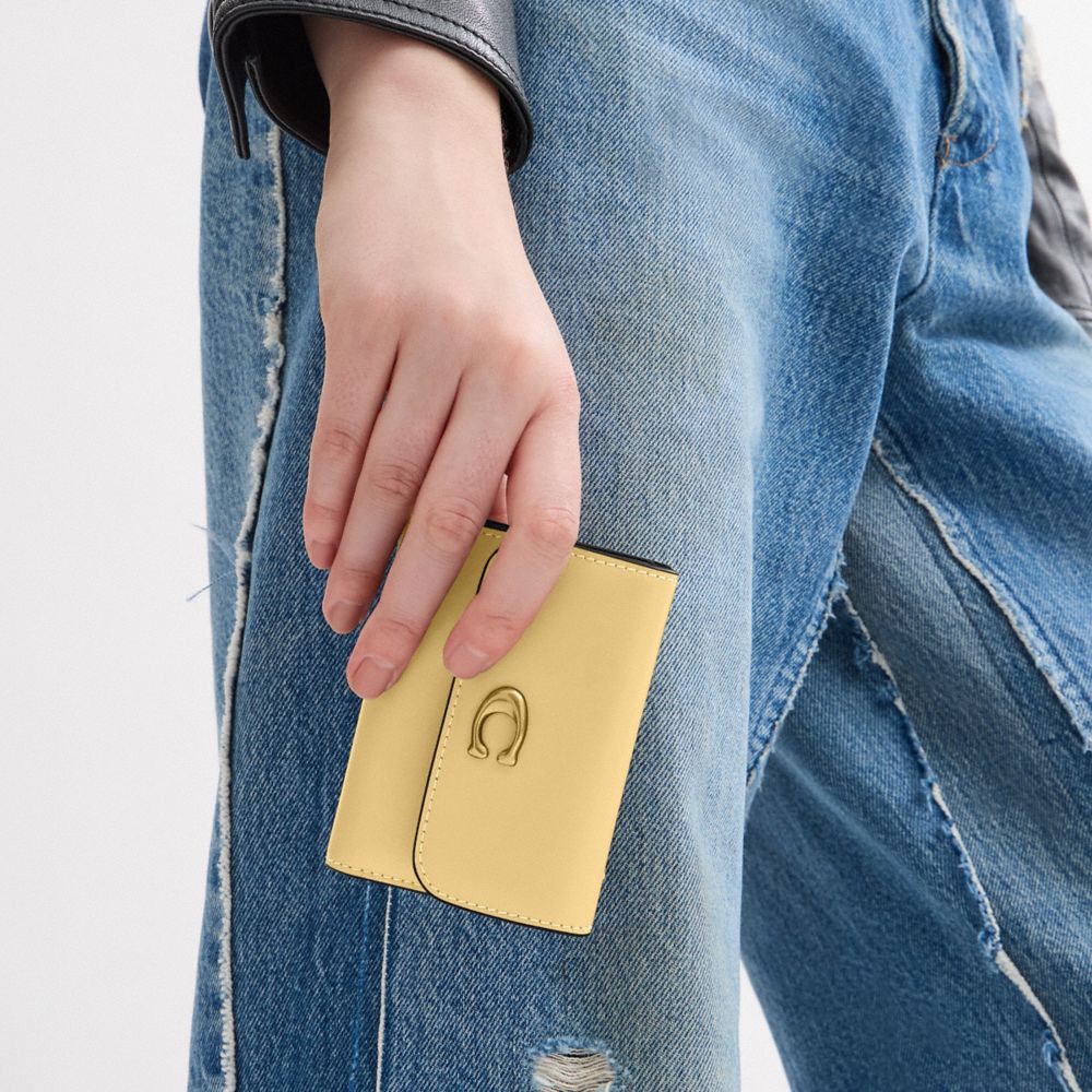COACH®,Essential Card Holder Wallet,Leather,Calfskin Leather,Card Case,Bi Fold,Metal,Logo,Casual,Yellow,Detail View