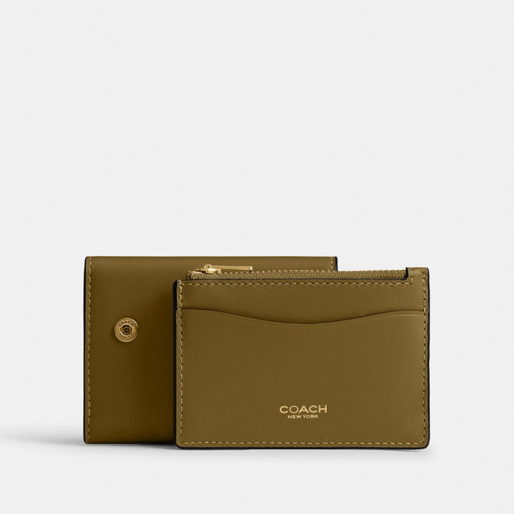 COACH®,Essential Card Holder Wallet,Calfskin Leather,Leather,Card Case,Bi Fold,Metal,Logo,Casual,Brown,Angle View