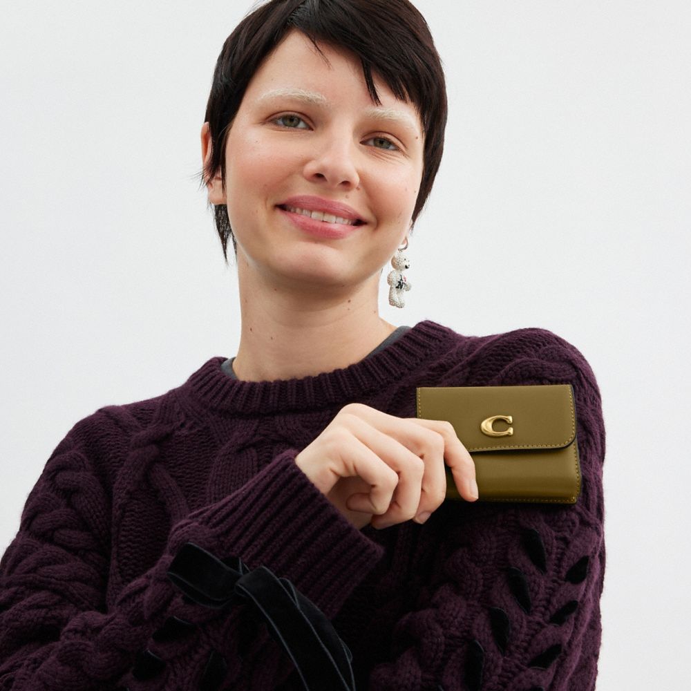 COACH®,Essential Card Holder Wallet,Leather,Calfskin Leather,Card Case,Bi Fold,Metal,Logo,Casual,Brown,Detail View