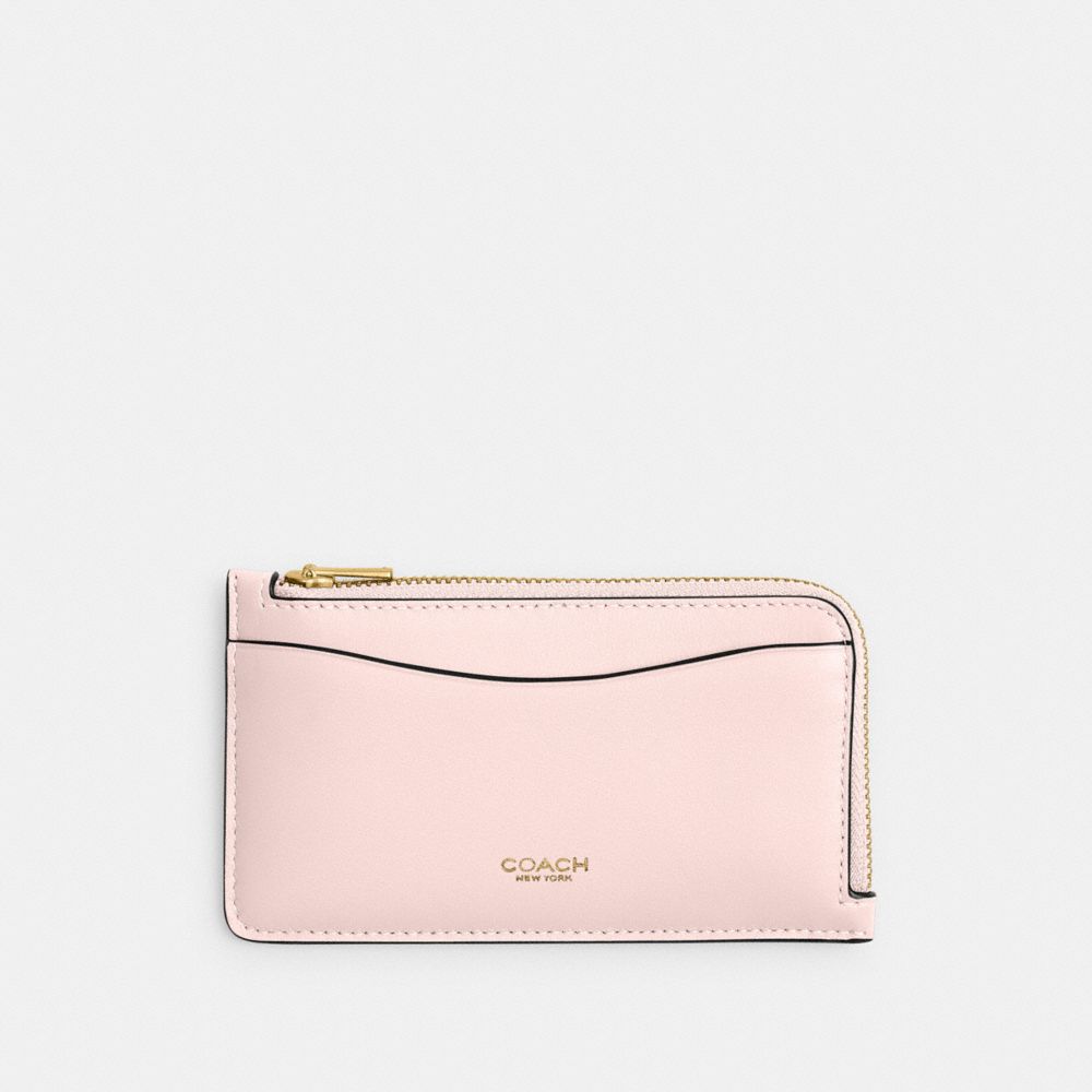 COACH®,New York Zip Card Case,Calfskin Leather,Card Case,Logo,Word Embellishment,Casual,Pink,Front View