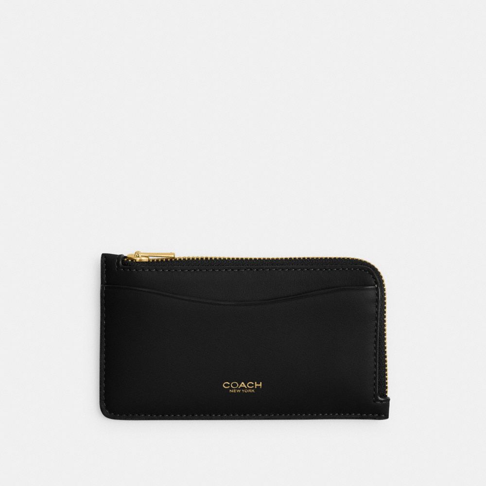 COACH®,New York Zip Card Case,Calfskin Leather,Card Case,Logo,Word Embellishment,Casual,Black,Front View