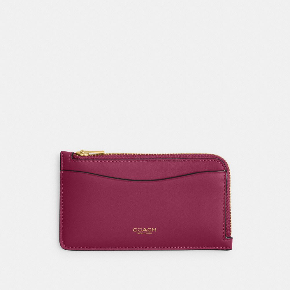 COACH®,New York Zip Card Case,Calfskin Leather,Card Case,Logo,Word Embellishment,Casual,Maroon,Front View