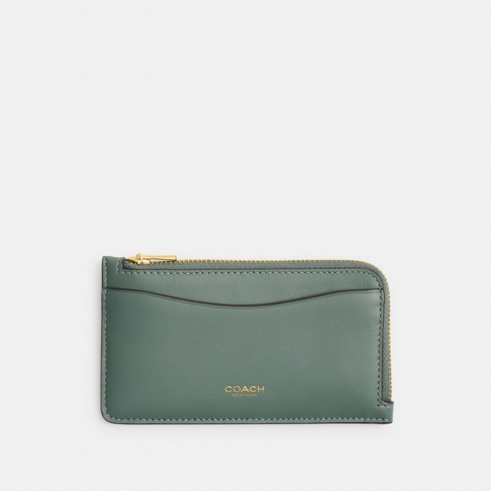 COACH®,New York Zip Card Case,Calfskin Leather,Card Case,Logo,Word Embellishment,Casual,Green,Front View