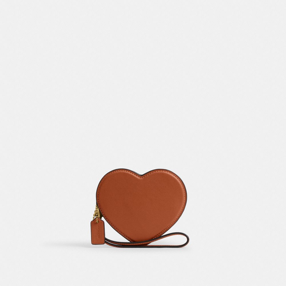 COACH®,Heart Coin Purse,Leather,Wristlet,3D Embellishment,Casual,Brown,Front View