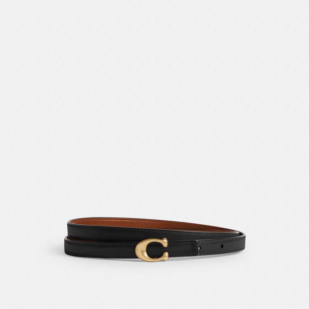 COACH®,Sculpted Signature Buckle Reversible Belt, 13 Mm,Calfskin Leather,Standard,Logo,Brass Gold,Day Party,Black,Front View