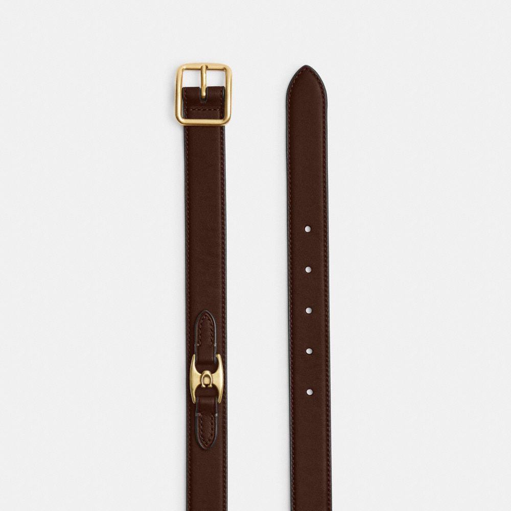 COACH®,Classic Buckle Belt With Hip Detail, 25 Mm,Standard,Brass Gold,Work,Brown,Angle View