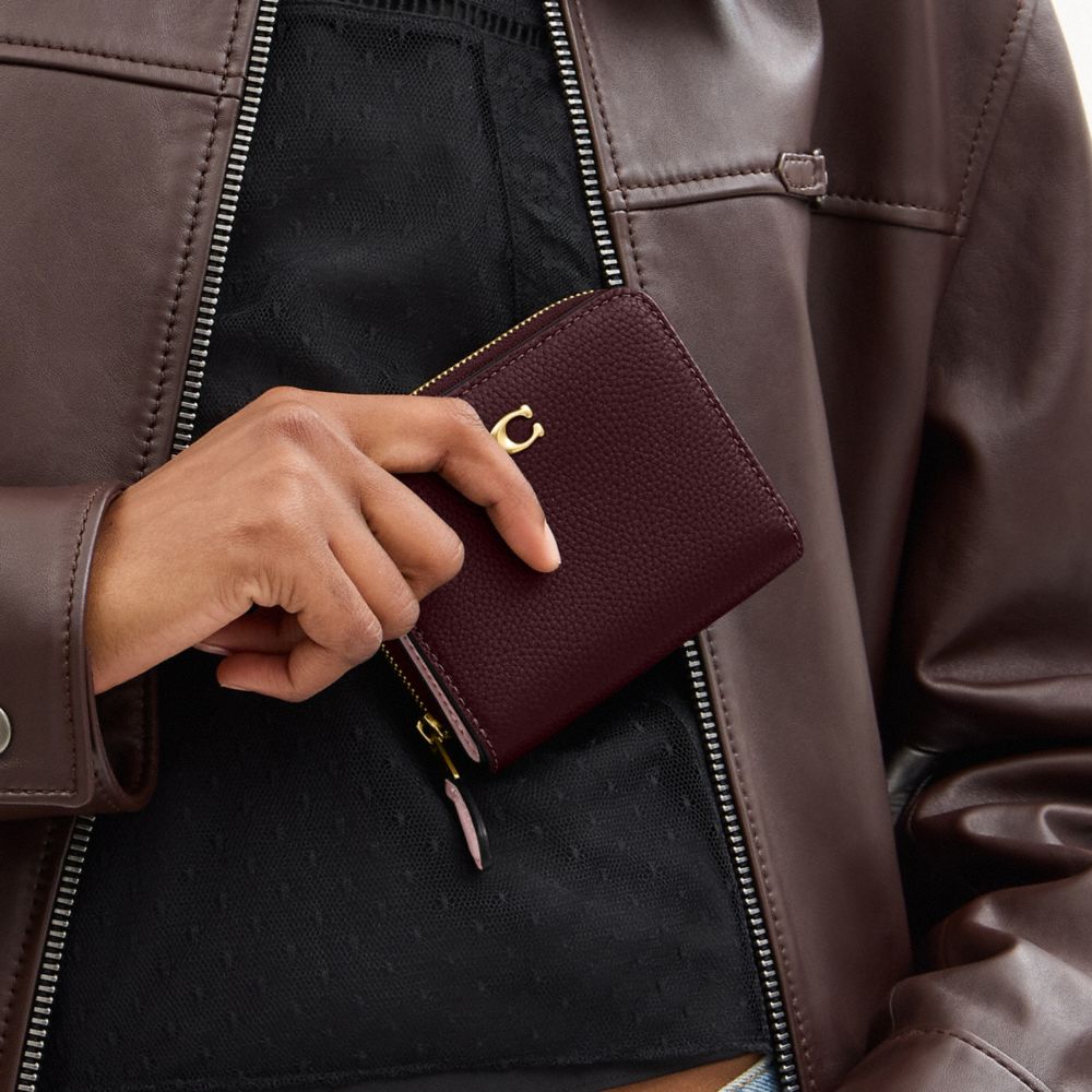 COACH®,Essential Billfold Wallet In Colorblock,Leather,Bi Fold,Metal Material,Logo,Metal,Casual,Maroon,Detail View