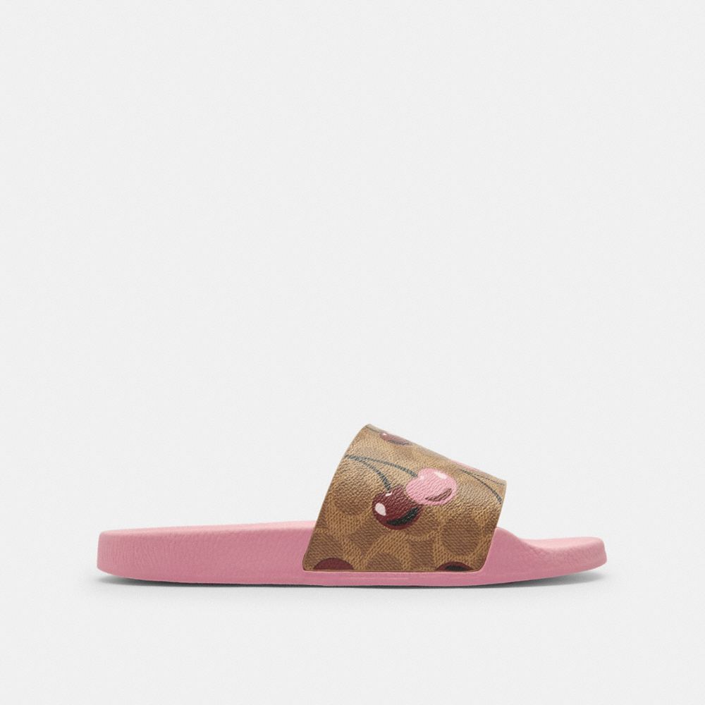 COACH®,Udele Sport Slide In Signature Canvas With Cherry Print,Canvas,EVA,Rubber,Slides,Pull Tab,Casual,Brown,Angle View