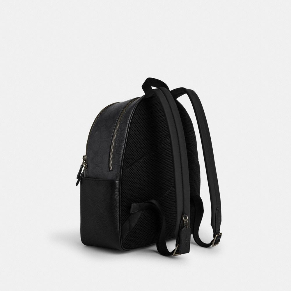COACH®,Court Backpack In Signature Canvas,Canvas,Leather,Backpack,Logo,Metal,Color Block,Adjustable,Casual,Black,Angle View