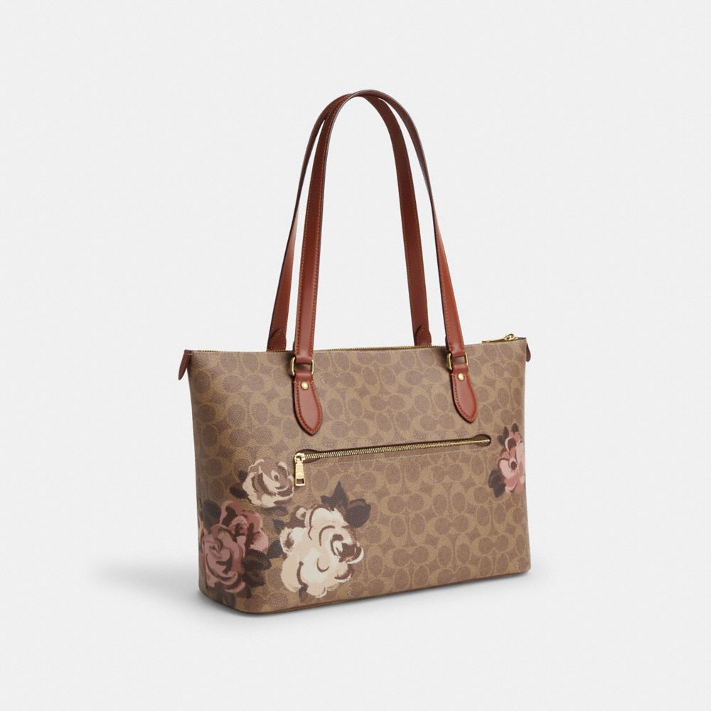 COACH®,Gallery Tote Bag In Signature Canvas With Rose Print,Canvas,Tote,Casual,Brown,Angle View