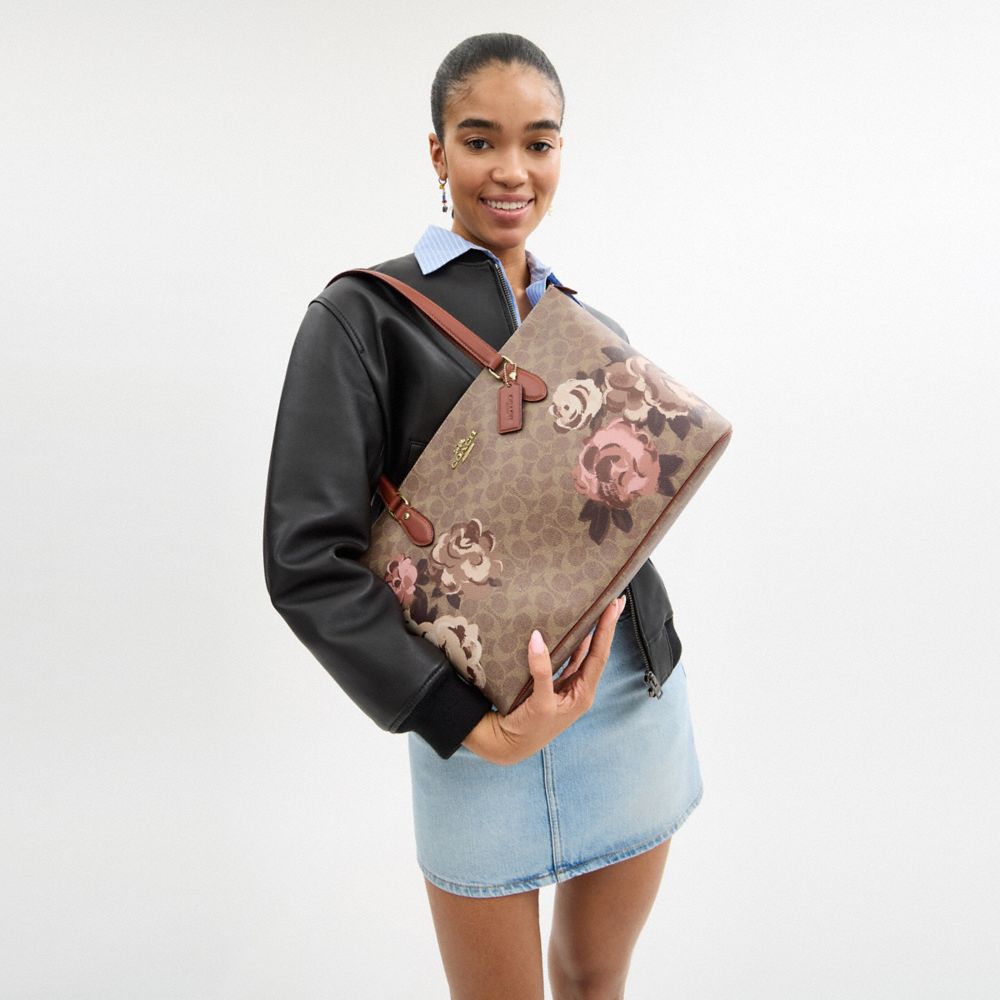 COACH®,Gallery Tote Bag In Signature Canvas With Rose Print,Canvas,Tote,Casual,Brown,Detail View