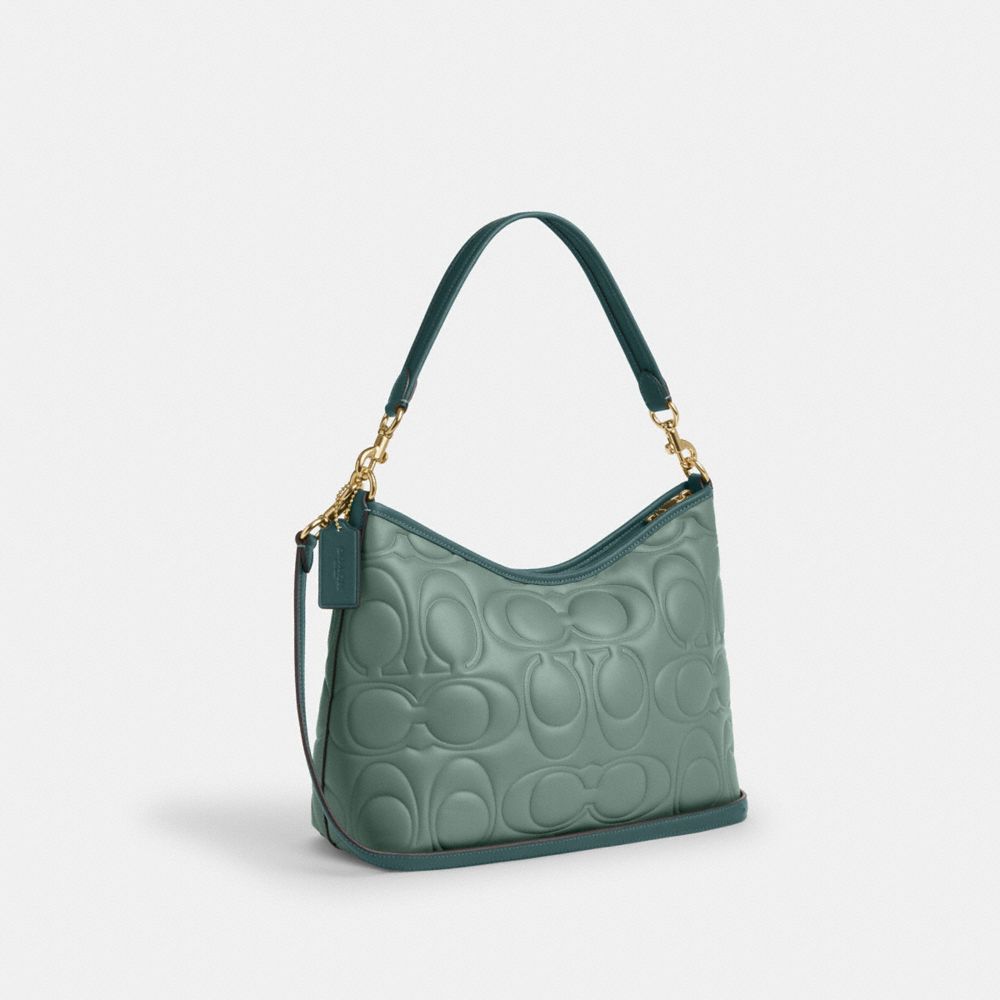 COACH®,Laurel Shoulder Bag In Blocked Signature Leather,Leather,Shoulder Bag,Piping,Casual,Teal,Angle View