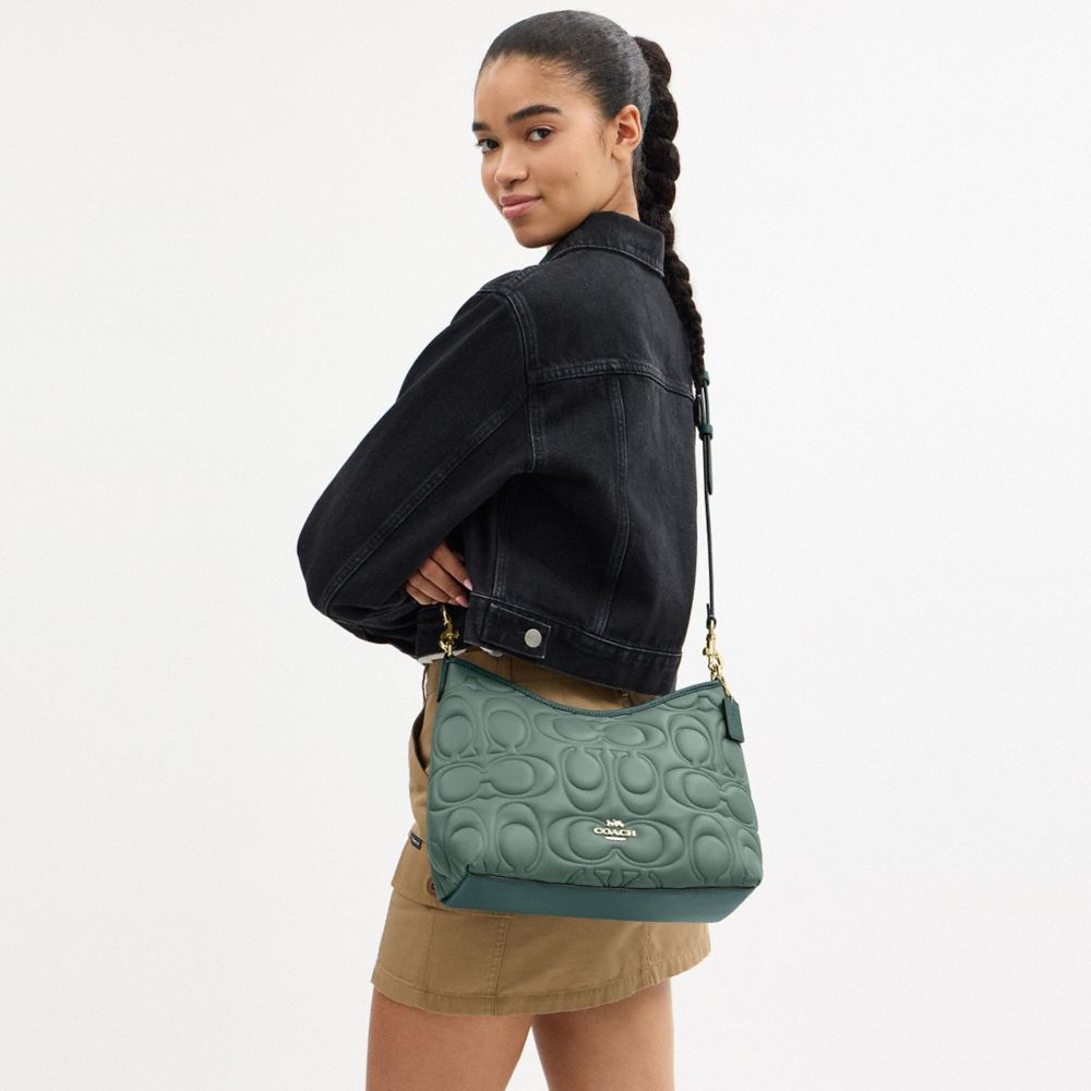 COACH®,Laurel Shoulder Bag In Blocked Signature Leather,Leather,Shoulder Bag,Piping,Casual,Teal,Detail View