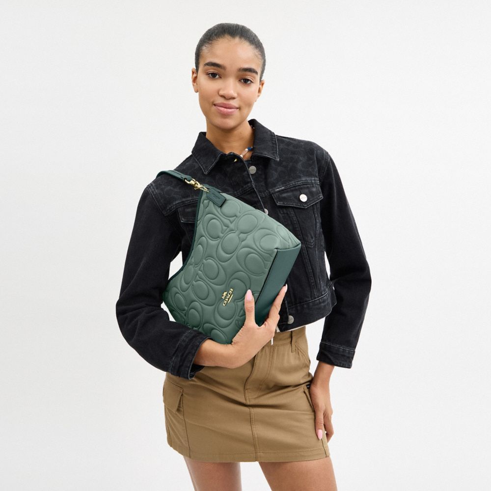 COACH®,Laurel Shoulder Bag In Blocked Signature Leather,Leather,Shoulder Bag,Piping,Casual,Teal,Detail View