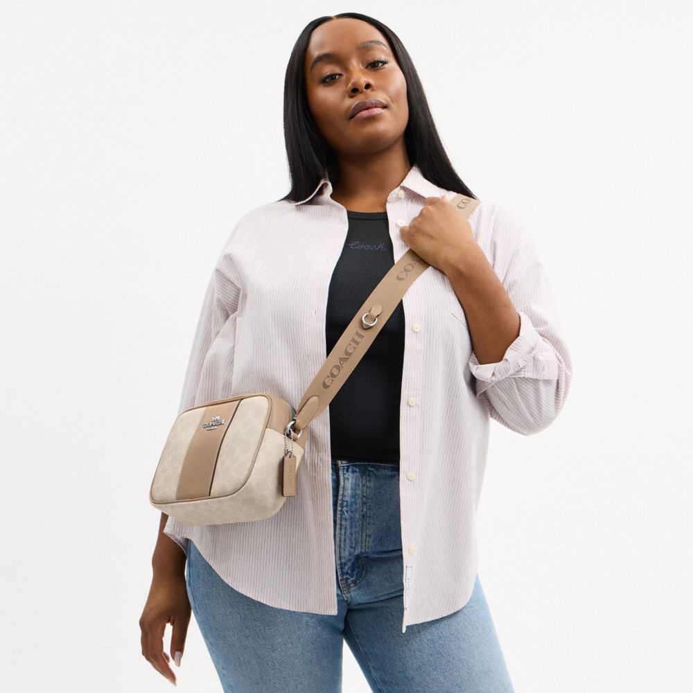 COACH®,Jamie Camera Bag In Signature Canvas With Stripe,Leather,Canvas,Camera Bag,Color Block,Adjustable,Casual,Beige