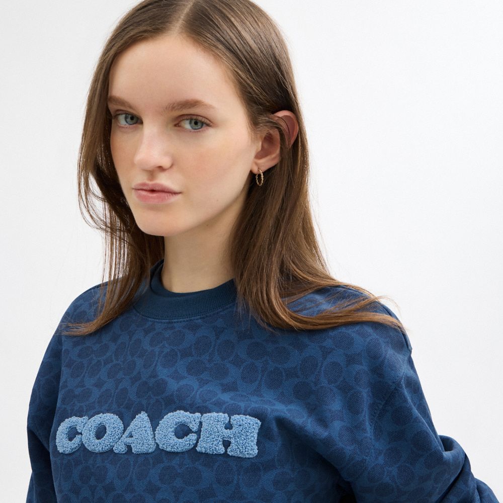 COACH®,Signature Crewneck,Cotton,Sweatshirt,Shearling,Casual,Navy,Detail View