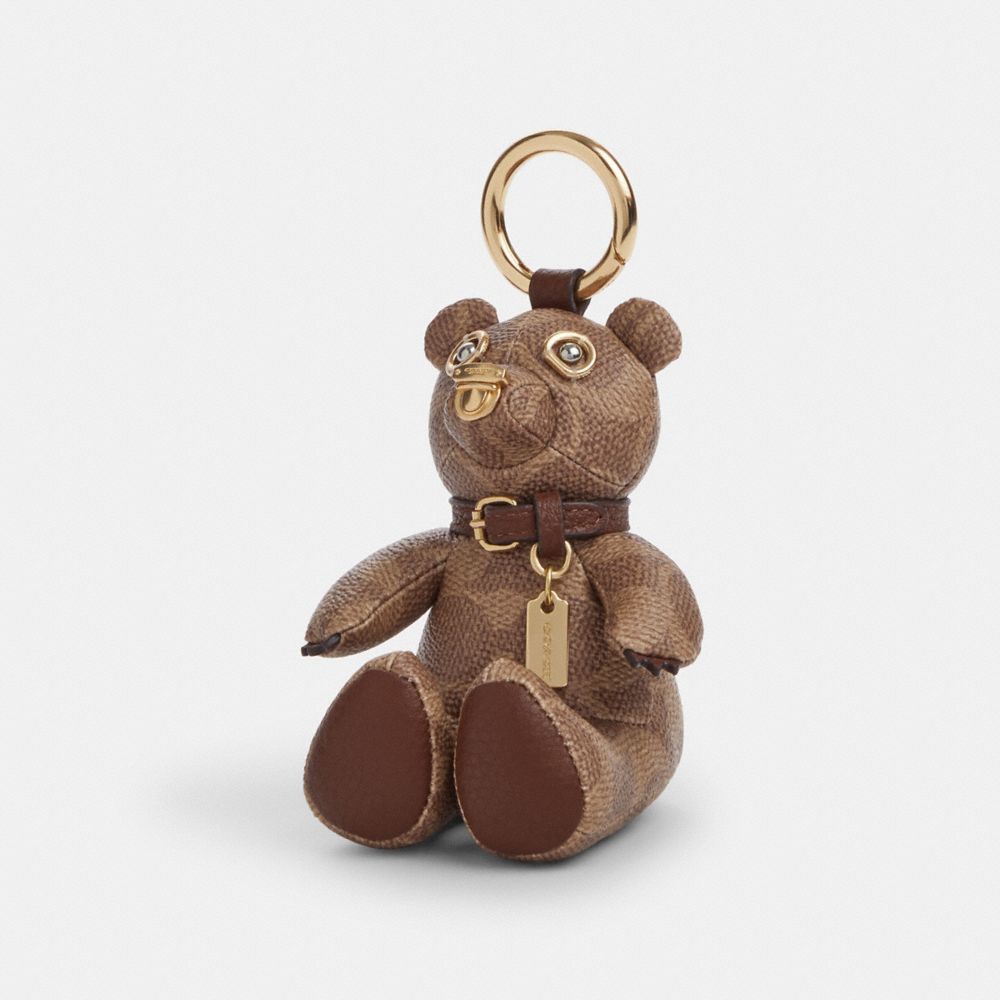 COACH®,Collectible Bear Bag Charm In Signature Canvas,Canvas,Leather,Bag Charm,Logo,Metal,3D Embellishment,Key Ring,Casual,Brown,Front View