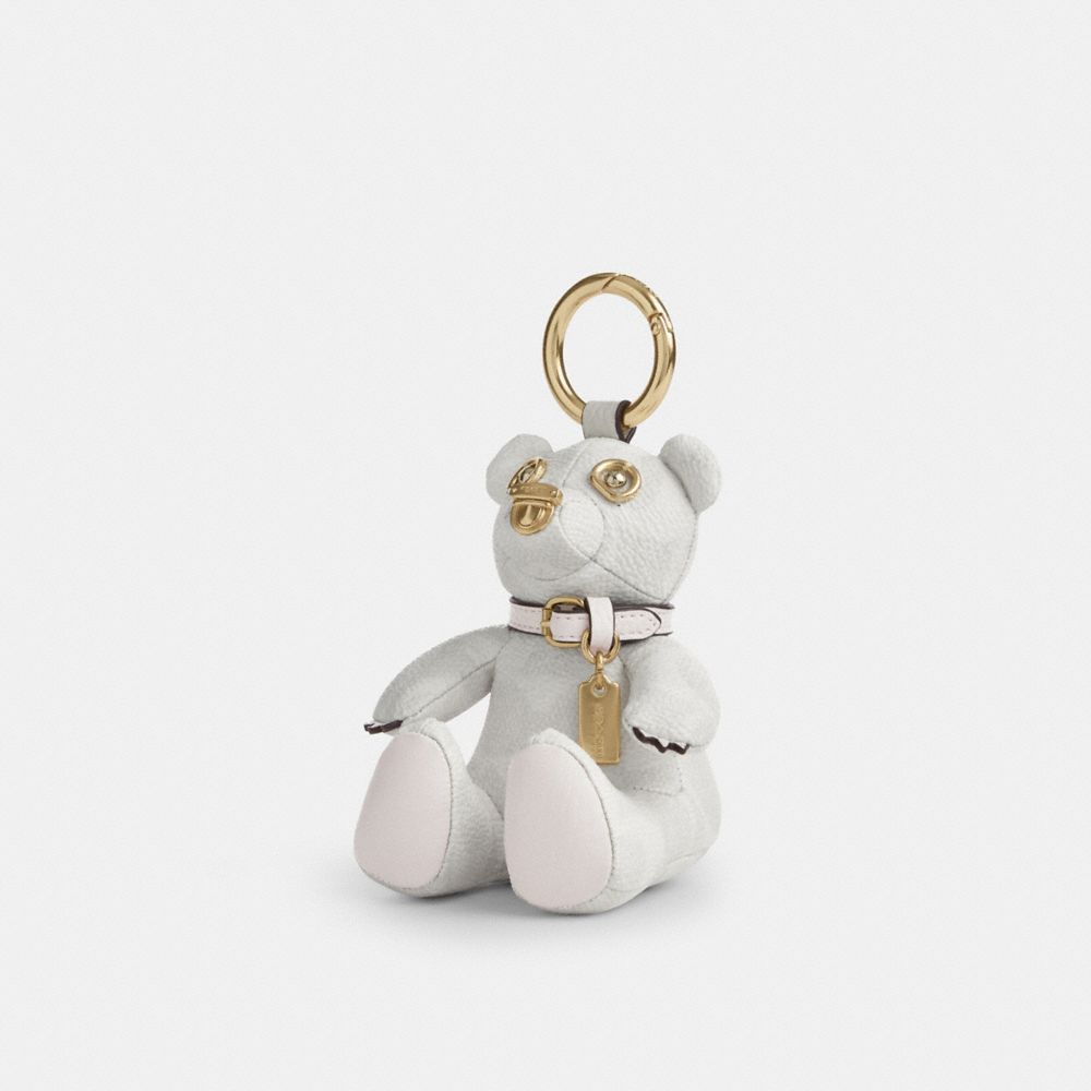 COACH®,Collectible Bear Bag Charm In Signature Canvas,Canvas,Leather,Bag Charm,Logo,Metal,3D Embellishment,Key Ring,Casual,White,Front View