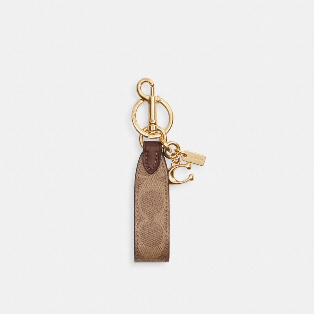 COACH®,Loop Bag Charm In Signature Canvas,Leather,Canvas,Bag Accessories,Metal,Logo,Key Ring,Gold Metal,Casual,Brown,Front View