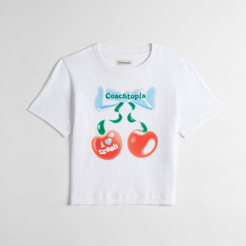 COACH®,Cropped Tee: Cherry Bow,White,Front View