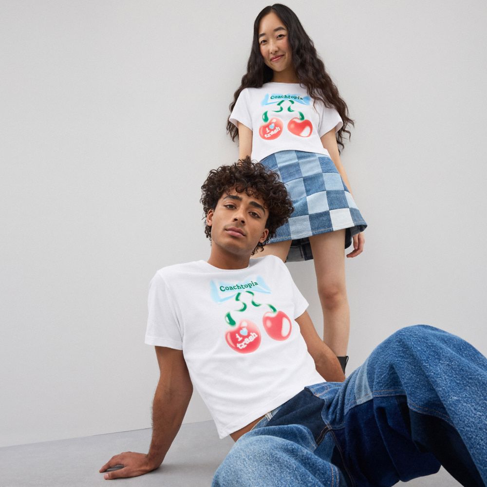 COACH®,Cropped T Shirt With Cherry Bow Print,Cotton,T Shirt,Logo,Casual,White,Scale View