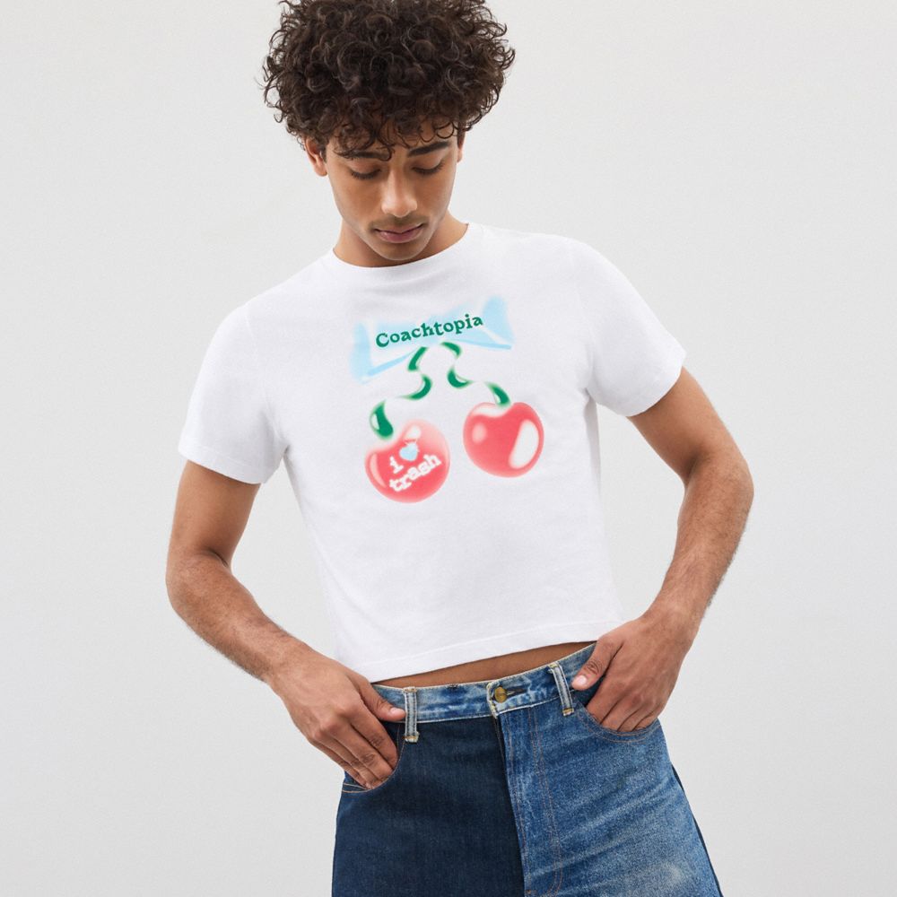COACH®,Cropped T Shirt With Cherry Bow Print,Cotton,T Shirt,Logo,Casual,White,Scale View