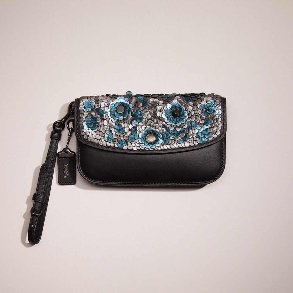 COACH®,RESTORED CLUTCH WITH LEATHER SEQUINS,Blue Multi/Black Copper,Front View