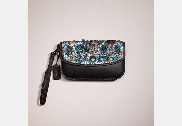 COACH®,RESTORED CLUTCH WITH LEATHER SEQUINS,Blue Multi/Black Copper,Front View