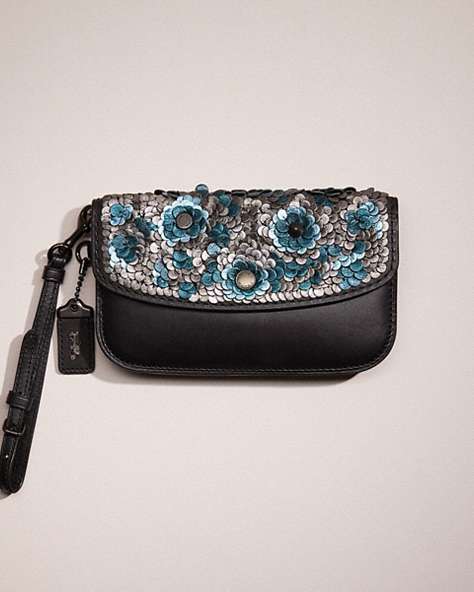 COACH®,RESTORED CLUTCH WITH LEATHER SEQUINS,Blue Multi/Black Copper,Front View