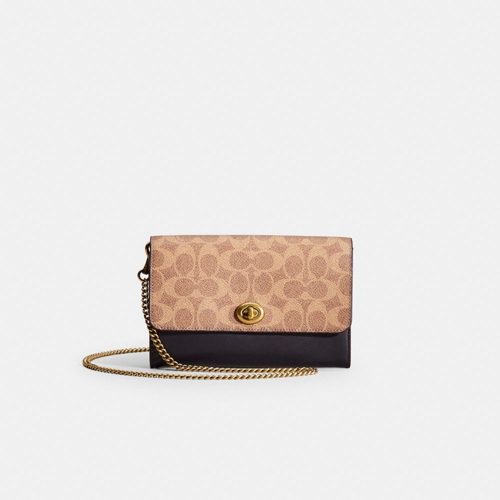 Coach Restored Marlow Turnlock Chain Crossbody In Colorblock Signature Canvas In Brass/tan/ink/light Peach