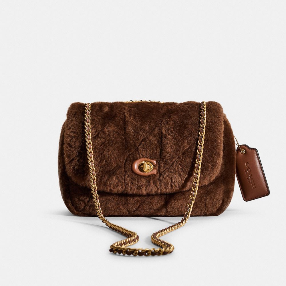 COACH®,RESTORED PILLOW MADISON SHOULDER BAG IN SHEARLING WITH QUILTING,Brass/Bison Brown,Front View