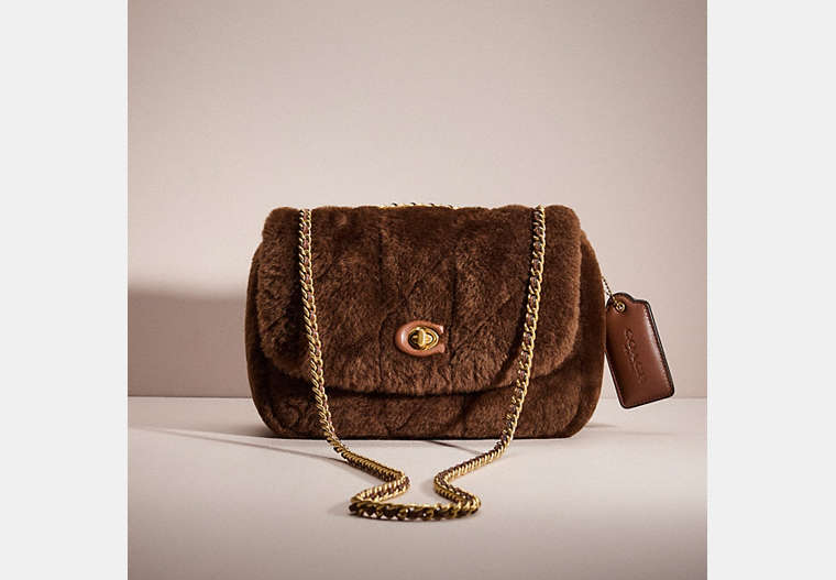 COACH®,RESTORED PILLOW MADISON SHOULDER BAG IN SHEARLING WITH QUILTING,Brass/Bison Brown,Front View