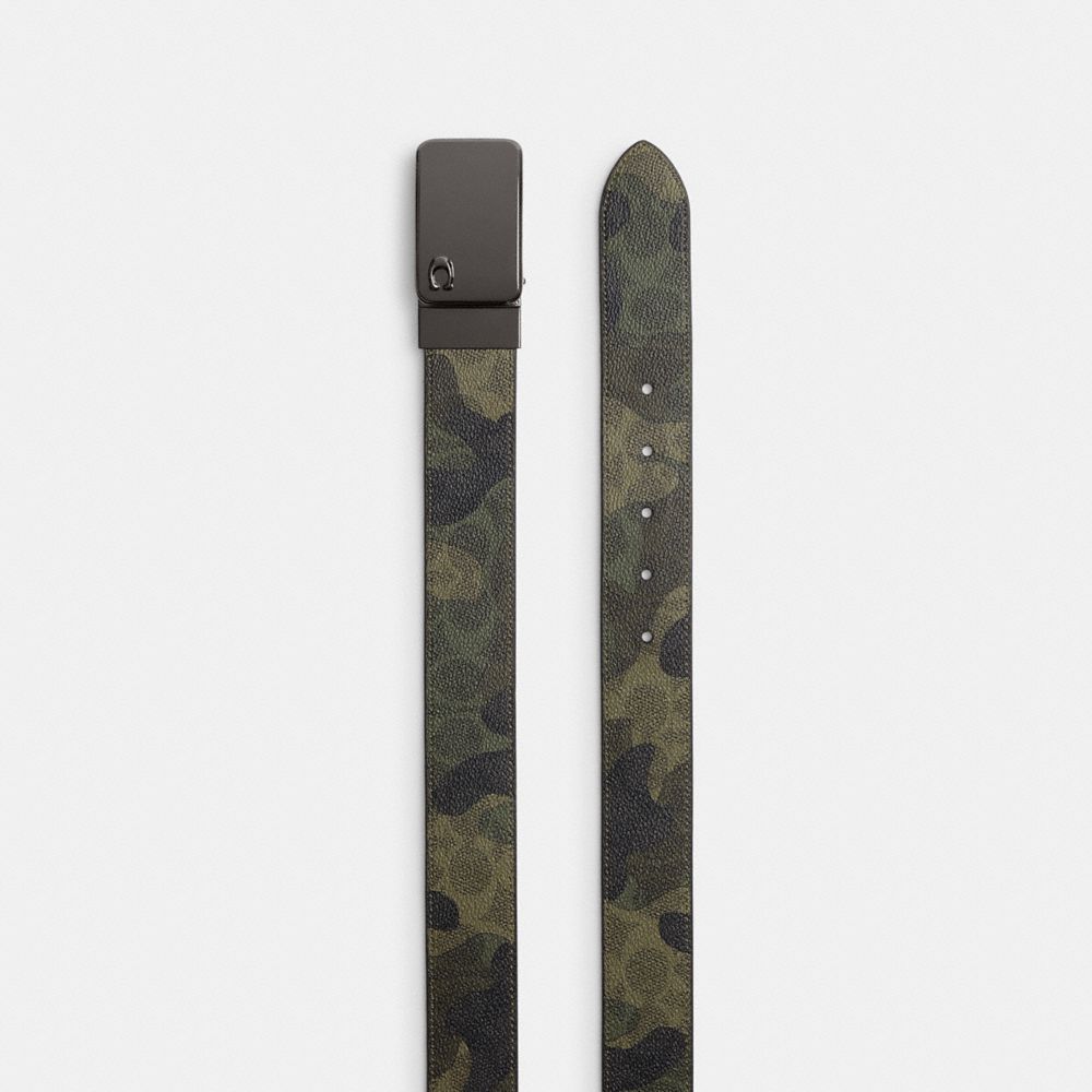 COACH®,Signature Plaque Buckle Cut To Size Reversible Belt With Signature Camo Print, 38 Mm,,Angle View