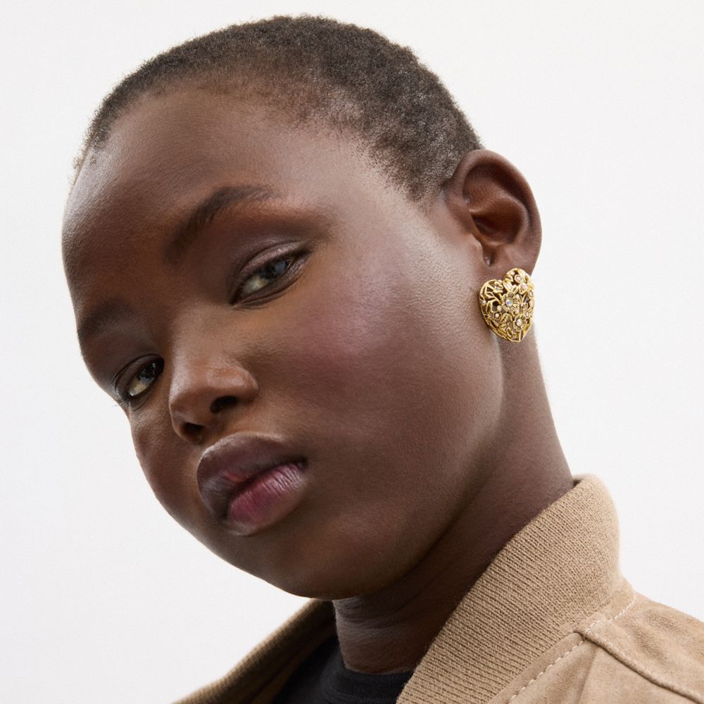 COACH®,Vintage Heart Statement Stud Earrings,Studs,Cubic Zirconia,Glass,Crystal,Filigree Embellishment,Novelty Embellishme...,Iridescent,Detail View