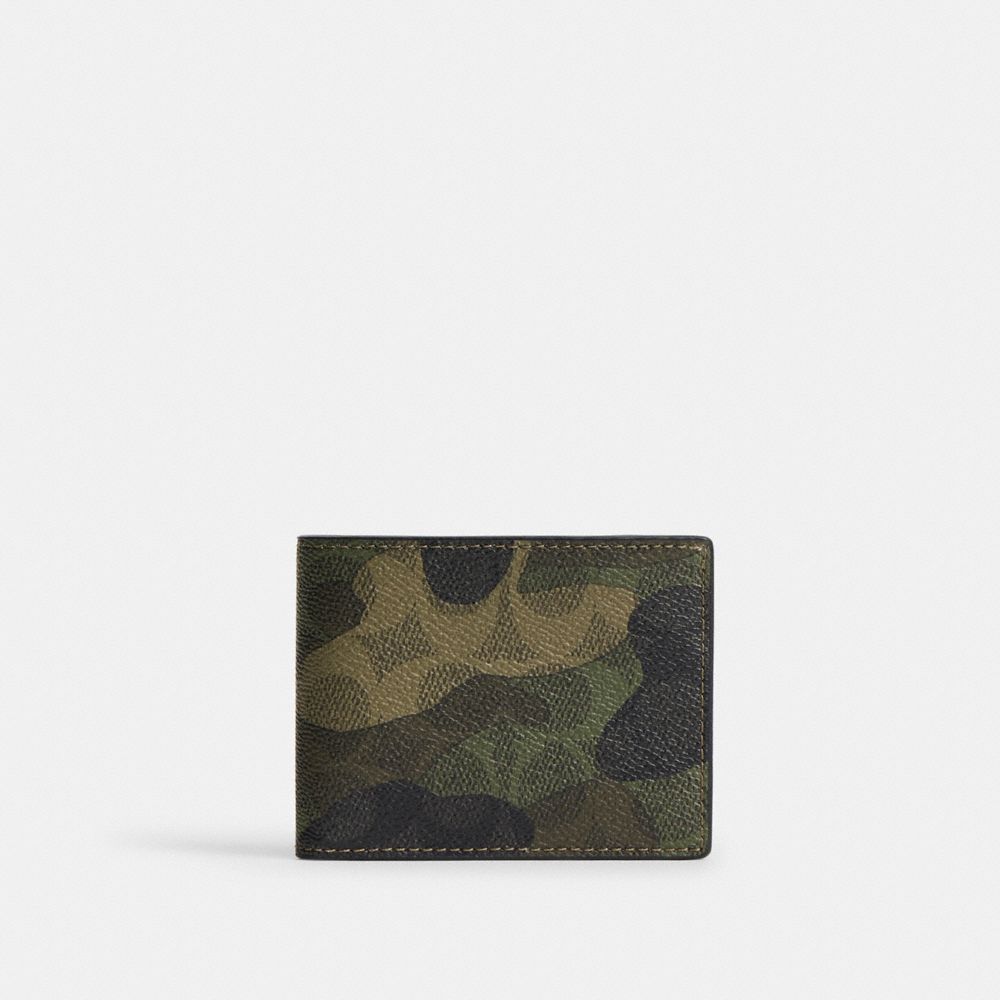 COACH®,Slim Billfold Wallet In Signature Camo Print,Canvas,Leather,Bi Fold,Casual,Multi Color,Front View