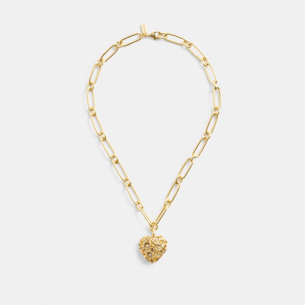 COACH®,Vintage Heart Pendant Chain Link Necklace,Single Strand,Glass,Cubic Zirconia,Crystal,Filigree Embellishment,Floral ...,Iridescent,Inside View,Top View