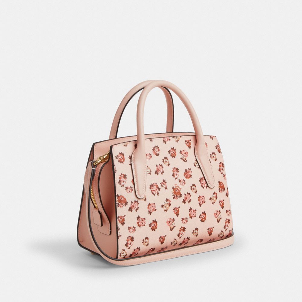 COACH®,Andrea Carryall Bag With Rose Print,Leather,Canvas,Satchel,Metal,Logo,Day Party,Pink,Angle View