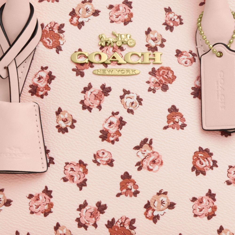 COACH®,Andrea Carryall Bag With Rose Print,Leather,Canvas,Satchel,Metal,Logo,Day Party,Pink