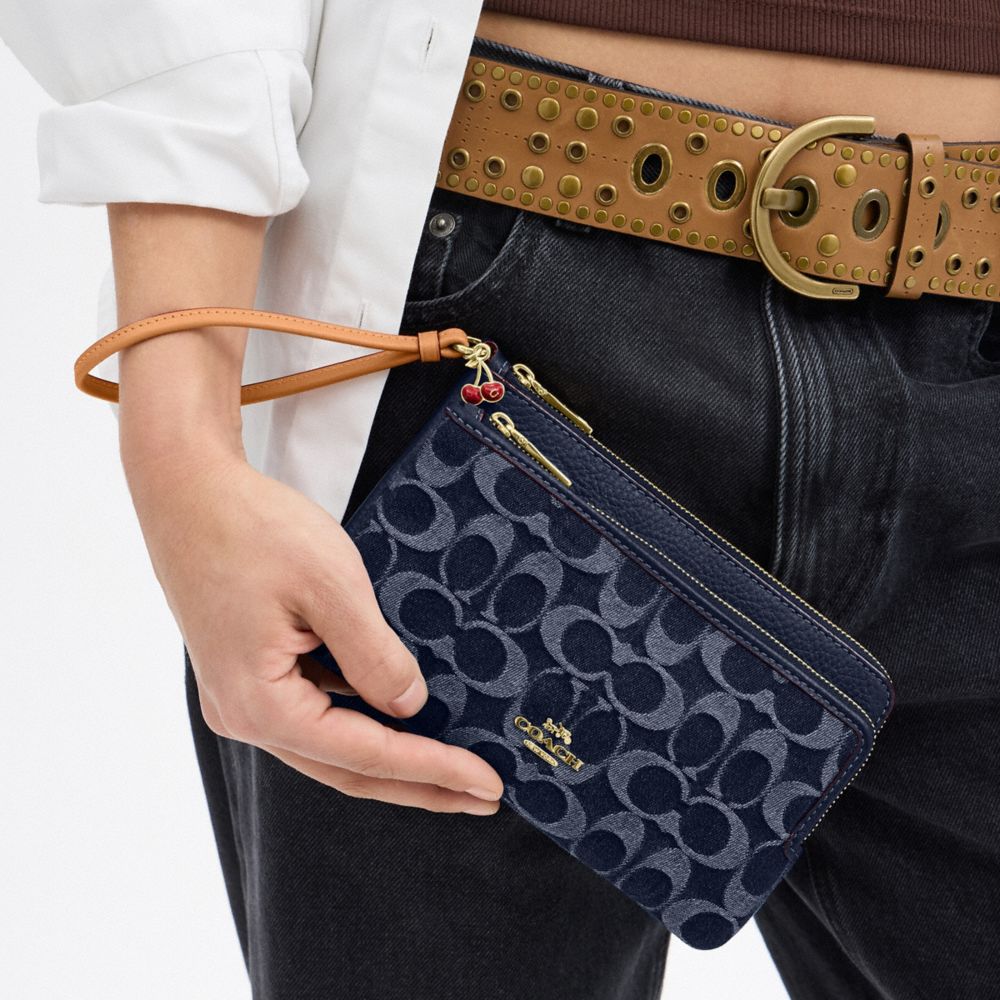 COACH®,Double Zip Wallet In Signature Denim,Leather,Denim,Wristlet,Metal,Casual,Multi Color,Detail View